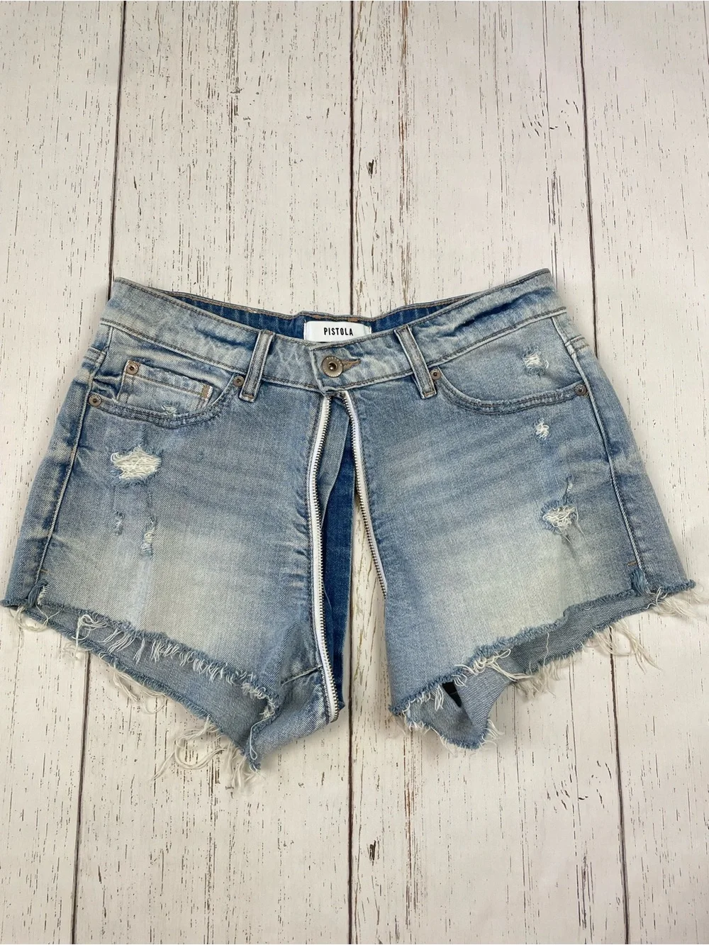Pistola Denim Winston High Rise Distressed Full Zipper Denim Cut Off Shorts